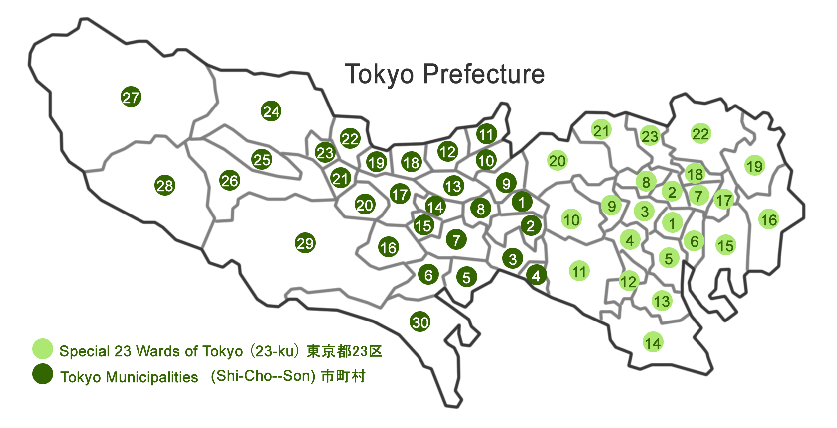 Map of Tokyo prefecture, cities and towns